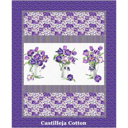 Tulips In Jars quilt features a tulip panel with simple 9-patch borders - with the fun bargello-feel border.