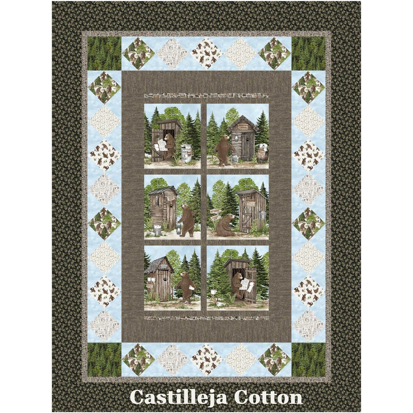 Bears Visiting the John quilt features a bear panel, which shows bears using an outhouse, with diamond pieced borders.