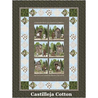 Bears Visiting the John quilt features a bear panel, which shows bears using an outhouse, with diamond pieced borders.