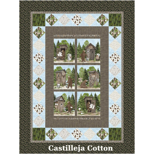 Bears Visiting the John quilt features a bear panel, which shows bears using an outhouse, with diamond pieced borders.