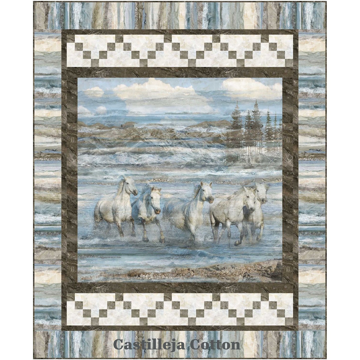 Running Grey Horses quilt features a horse panel with horses running in water.
