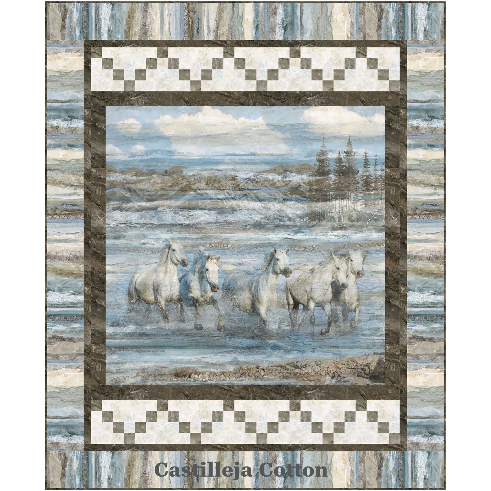 Running Grey Horses quilt features a horse panel with horses running in water.