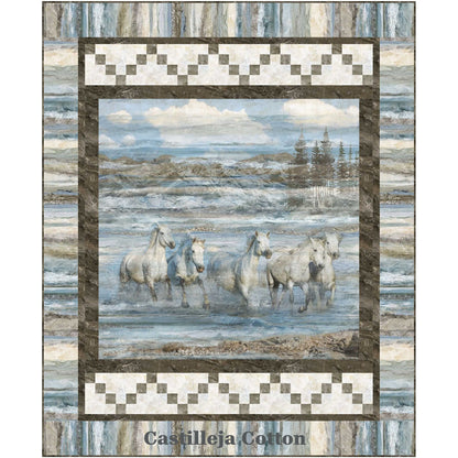 Running Grey Horses quilt features a horse panel with horses running in water.