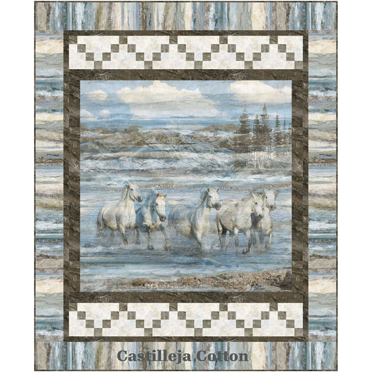 Running Grey Horses quilt features a horse panel with horses running in water.