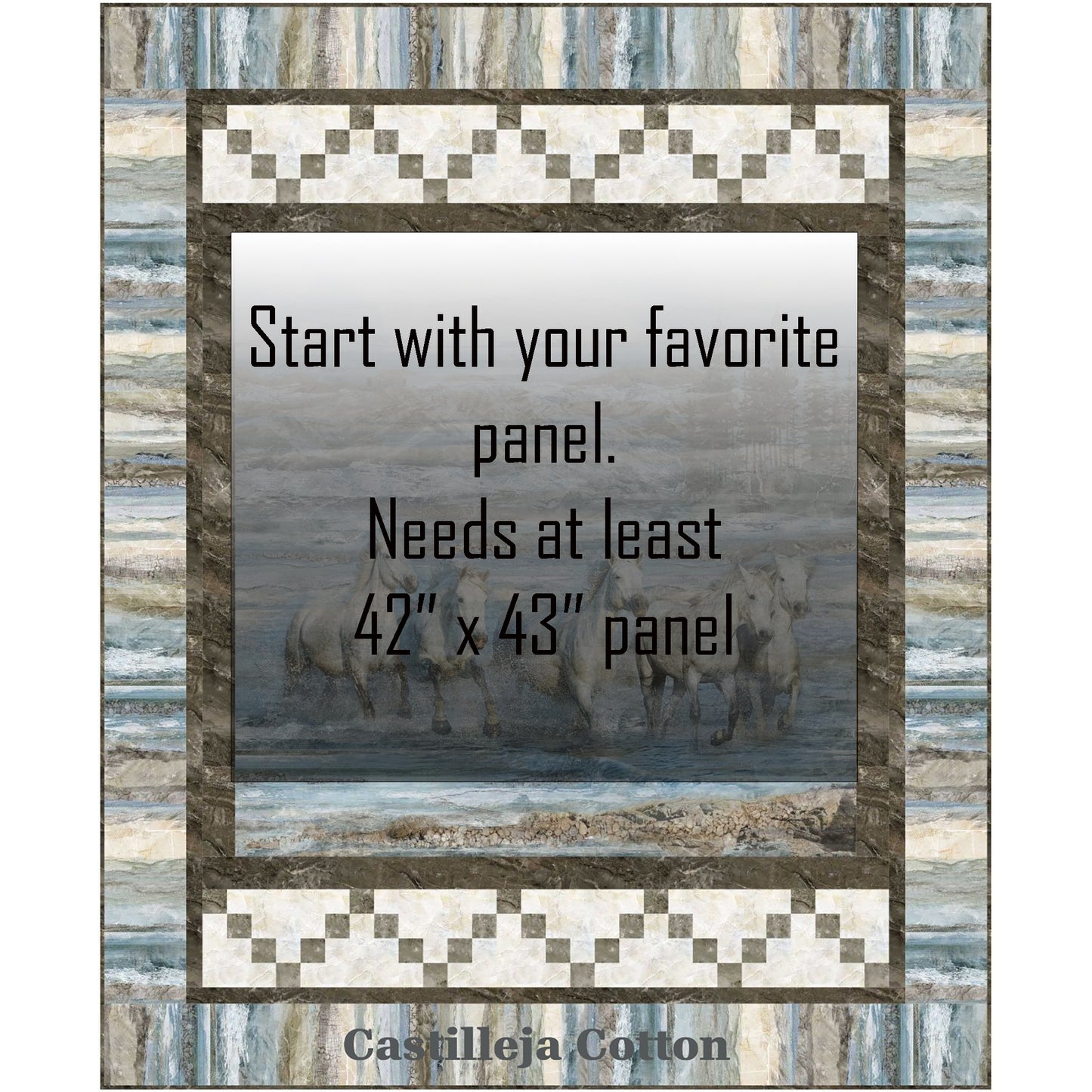 Running Grey Horses quilt features a horse panel with horses running in water. Where panel is there is a block to show where you can replace it with any panel of the correct size.