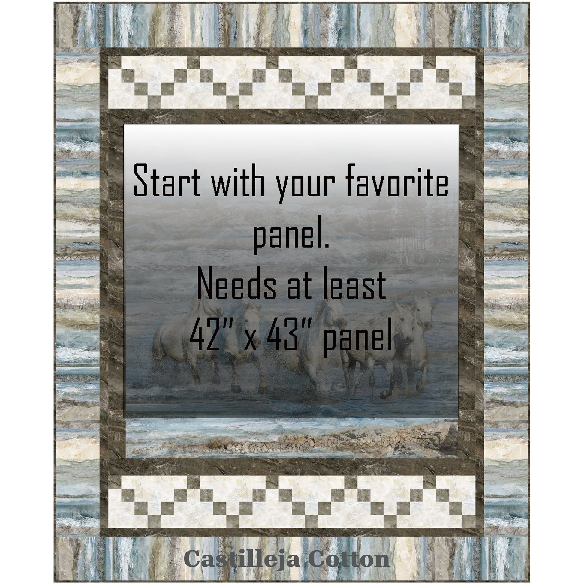 Running Grey Horses quilt features a horse panel with horses running in water. Where panel is there is a block to show where you can replace it with any panel of the correct size.