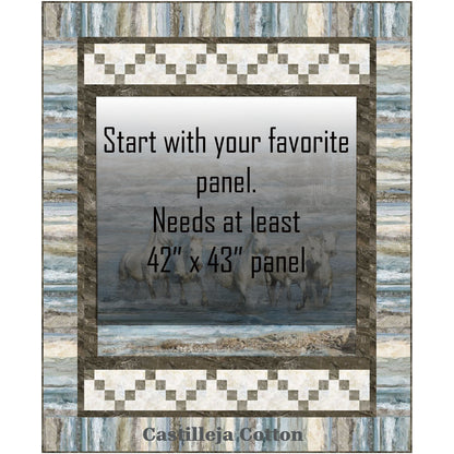 Running Grey Horses quilt features a horse panel with horses running in water. Where panel is there is a block to show where you can replace it with any panel of the correct size.