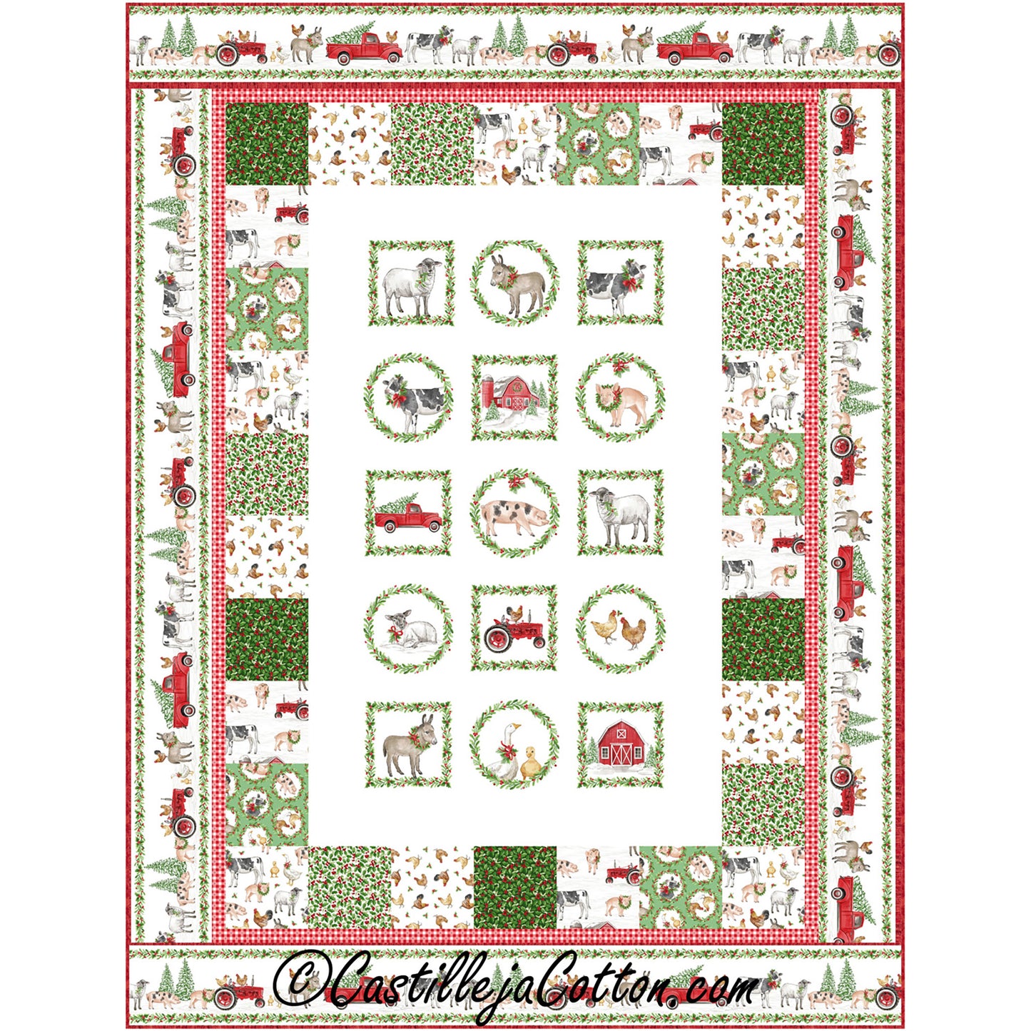 Barnyard Fun quilt features a barnyard animals Christmas panel with simple pieced borders.