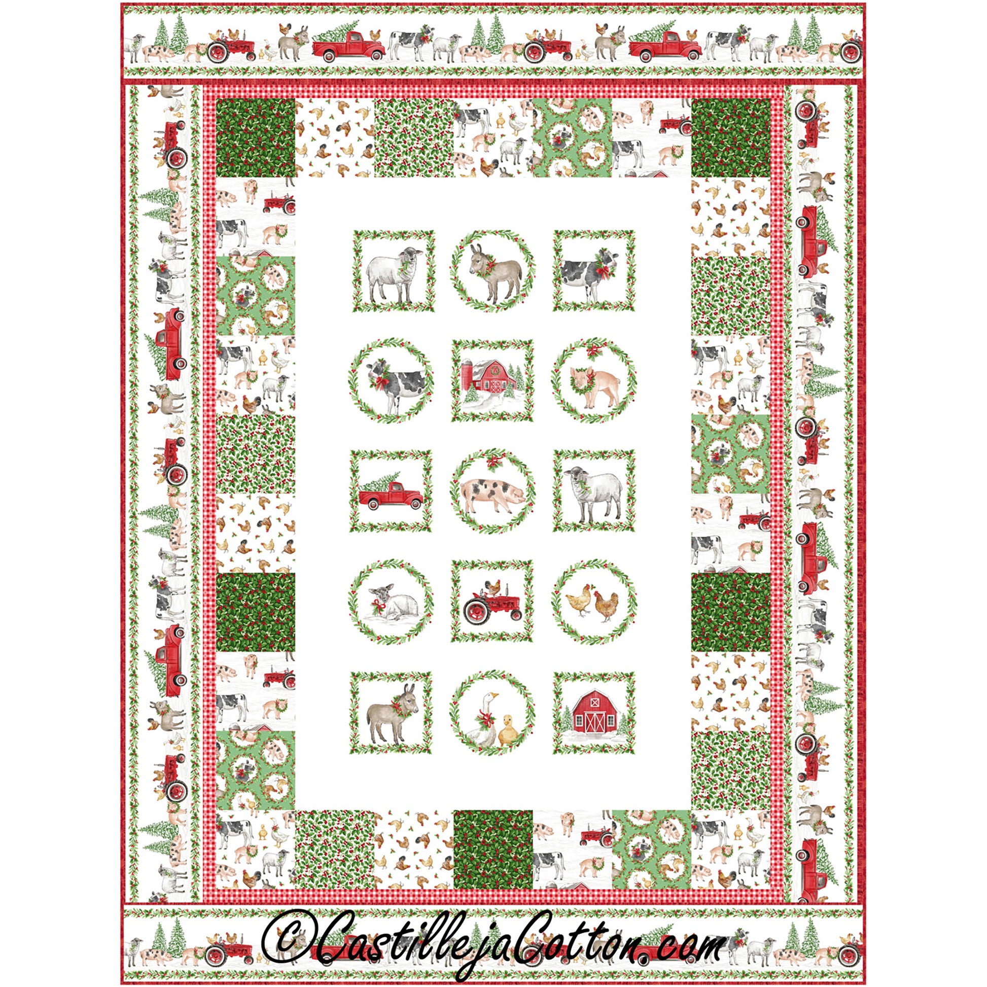 Barnyard Fun quilt features a barnyard animals Christmas panel with simple pieced borders.