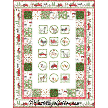 Barnyard Fun quilt features a barnyard animals Christmas panel with simple pieced borders.