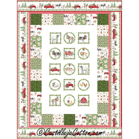Barnyard Fun quilt features a barnyard animals Christmas panel with simple pieced borders.