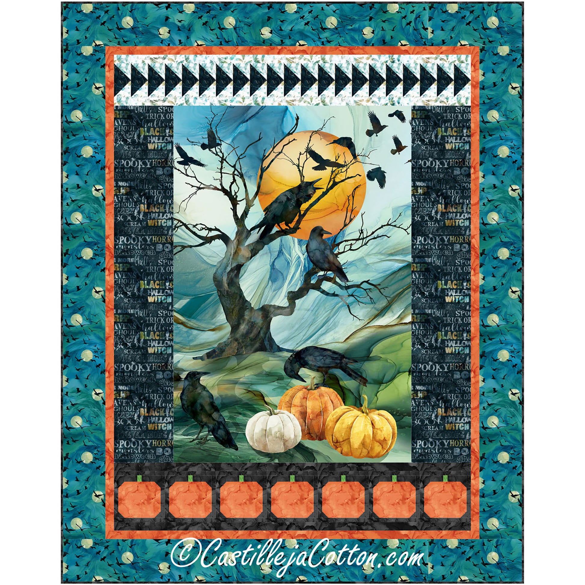 Ravens and Pumpkins quilt features a Halloween panel with pumpkins and ravens.