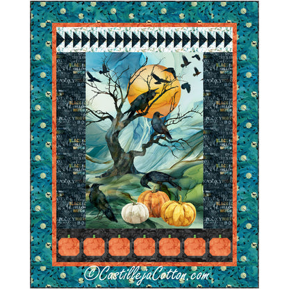 Ravens and Pumpkins quilt features a Halloween panel with pumpkins and ravens.