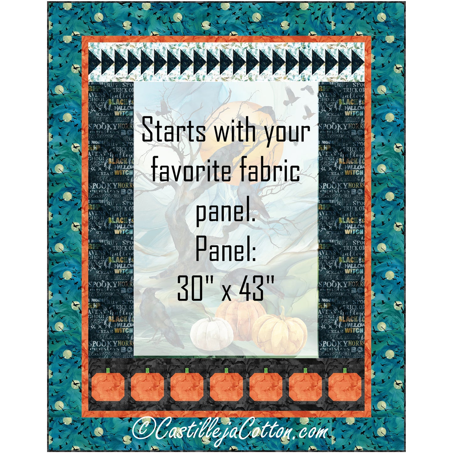Ravens and Pumpkins quilt features a Halloween panel with pumpkins and ravens. Where the middle panel will be placed is a note about using any 30" x 43" panel.
