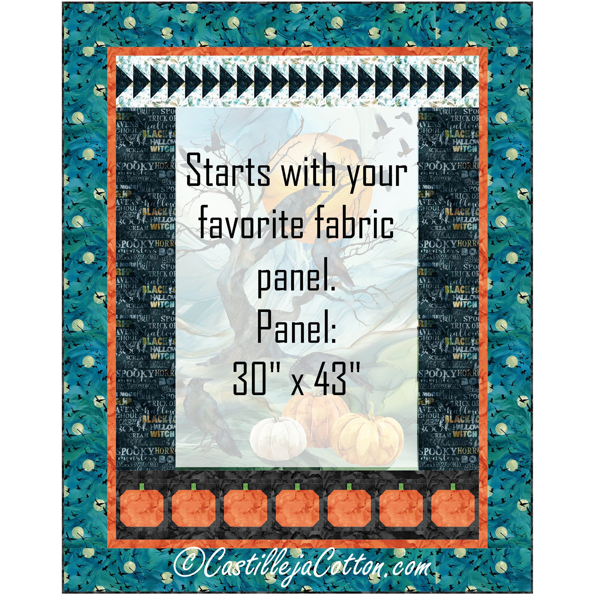 Ravens and Pumpkins quilt features a Halloween panel with pumpkins and ravens. Where the middle panel will be placed is a note about using any 30" x 43" panel.
