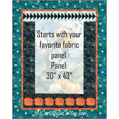Ravens and Pumpkins quilt features a Halloween panel with pumpkins and ravens. Where the middle panel will be placed is a note about using any 30" x 43" panel.