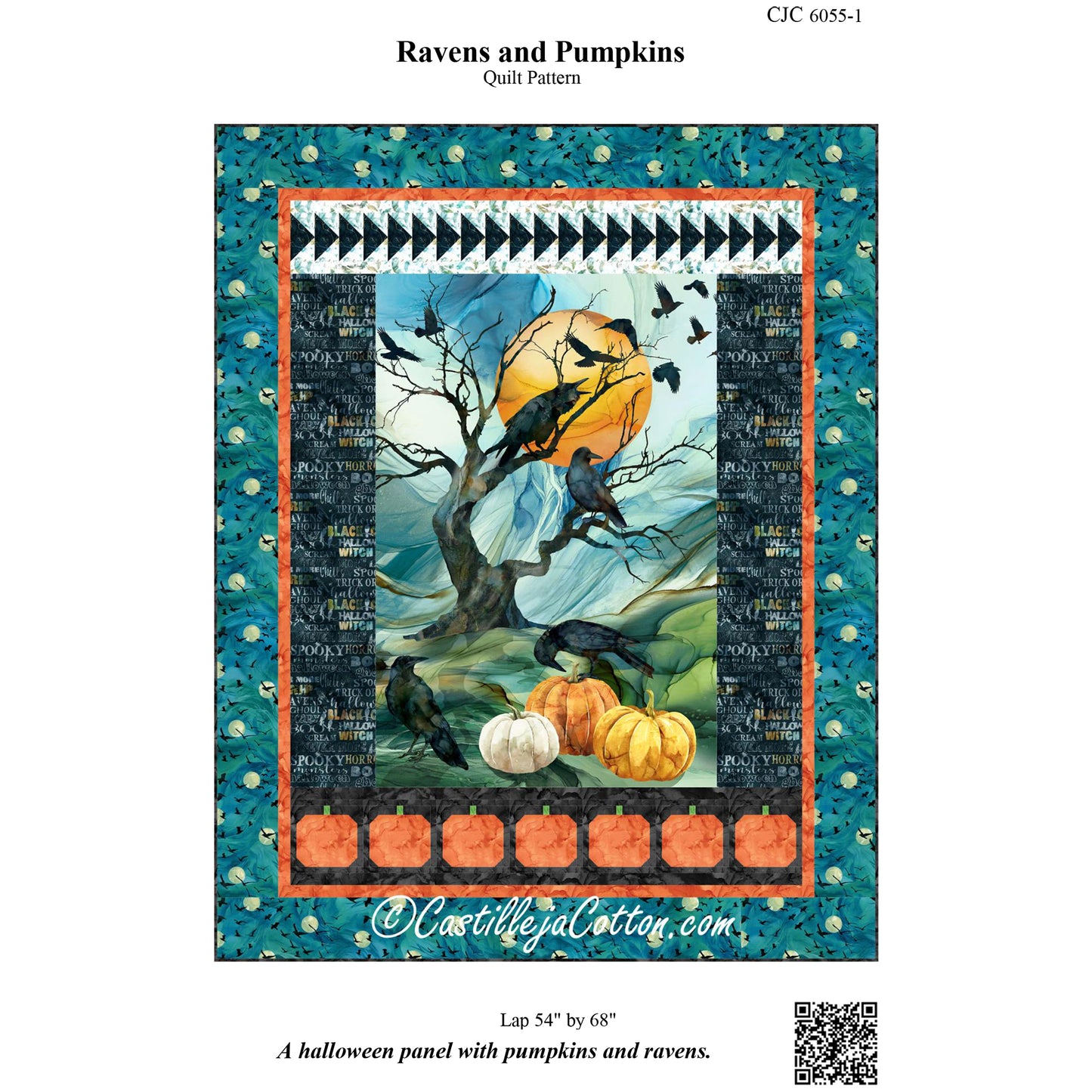 Cover image of pattern for Ravens and Pumpkins quilt.