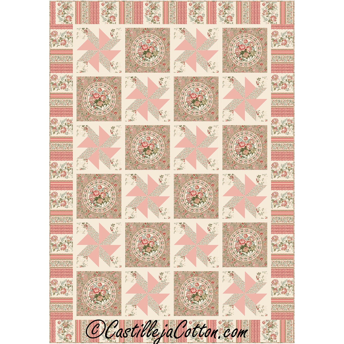 Pinwheel Manoir is a beautiful, two-block quilt. Pinwheel block alternating with motif blocks.