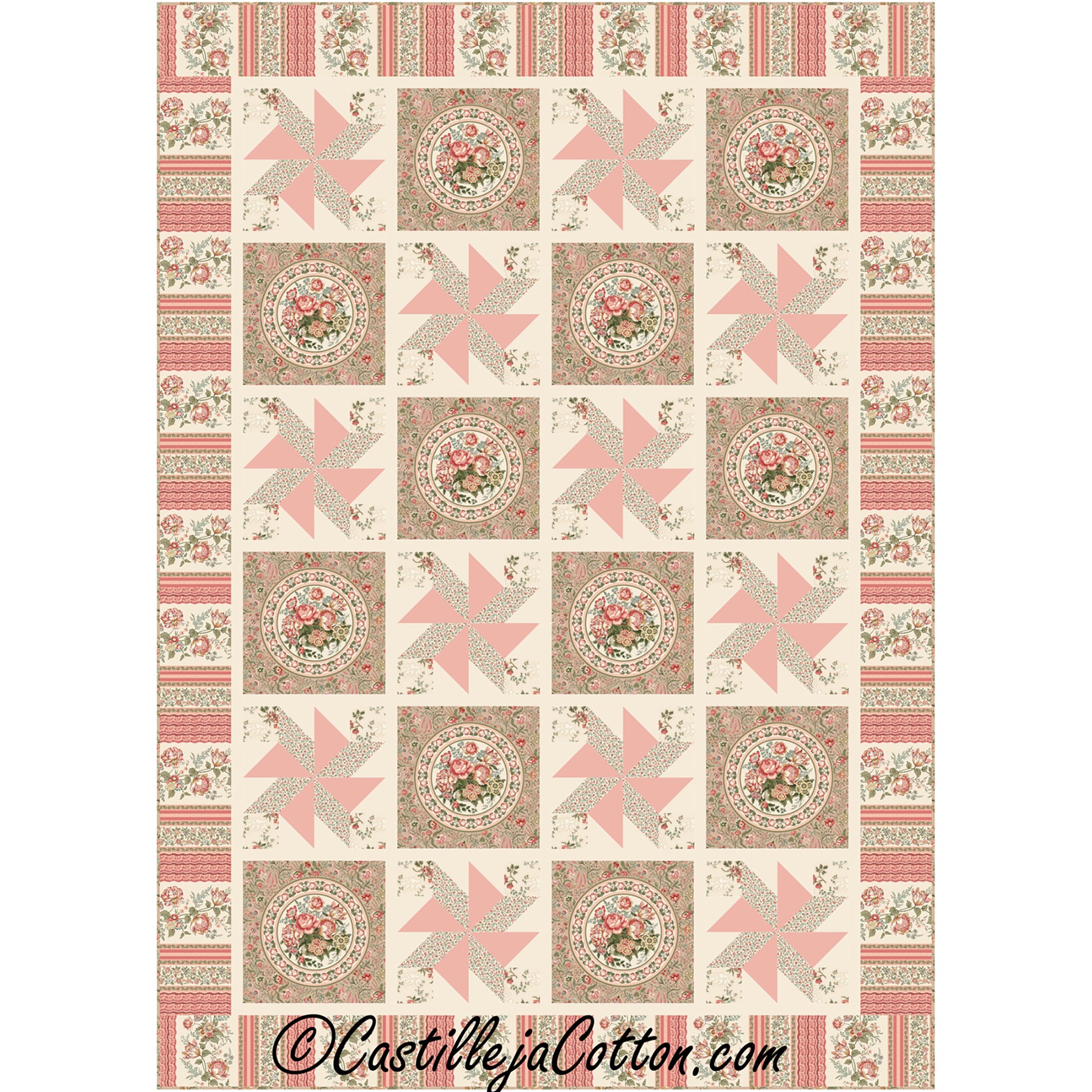 Pinwheel Manoir is a beautiful, two-block quilt. Pinwheel block alternating with motif blocks.