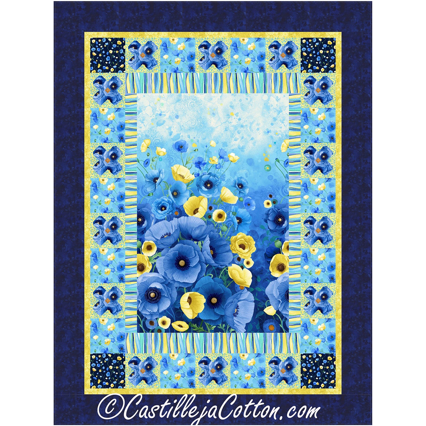 Blue Poppies quilt features a floral panel with a pieced border of flowers blocks alternate by plain blocks. 