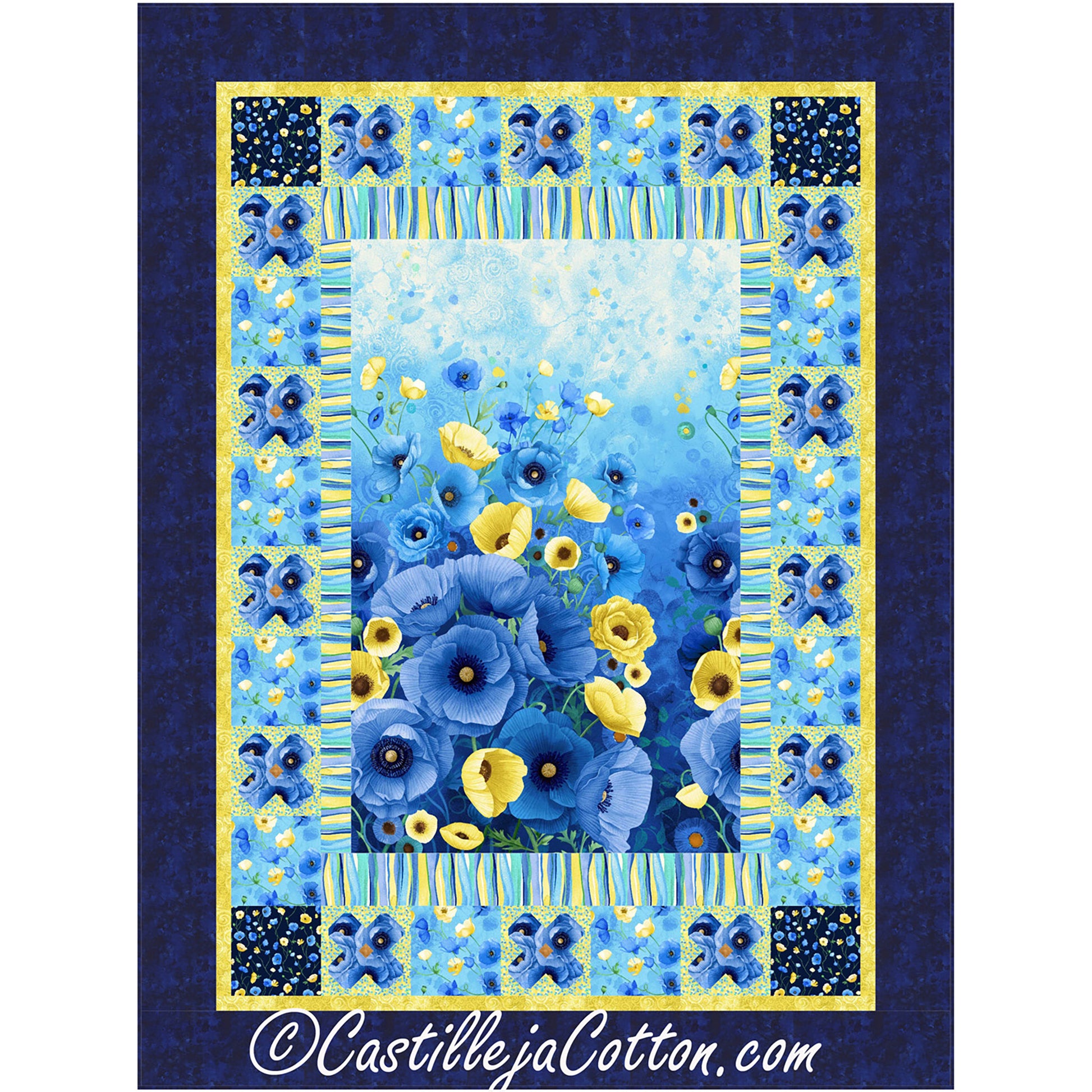 Blue Poppies quilt features a floral panel with a pieced border of flowers blocks alternate by plain blocks. 
