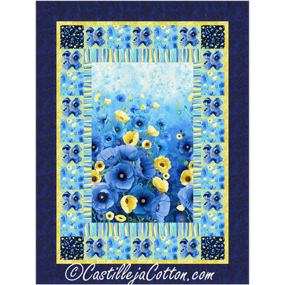 Blue Poppies quilt features a floral panel with a pieced border of flowers blocks alternate by plain blocks. 