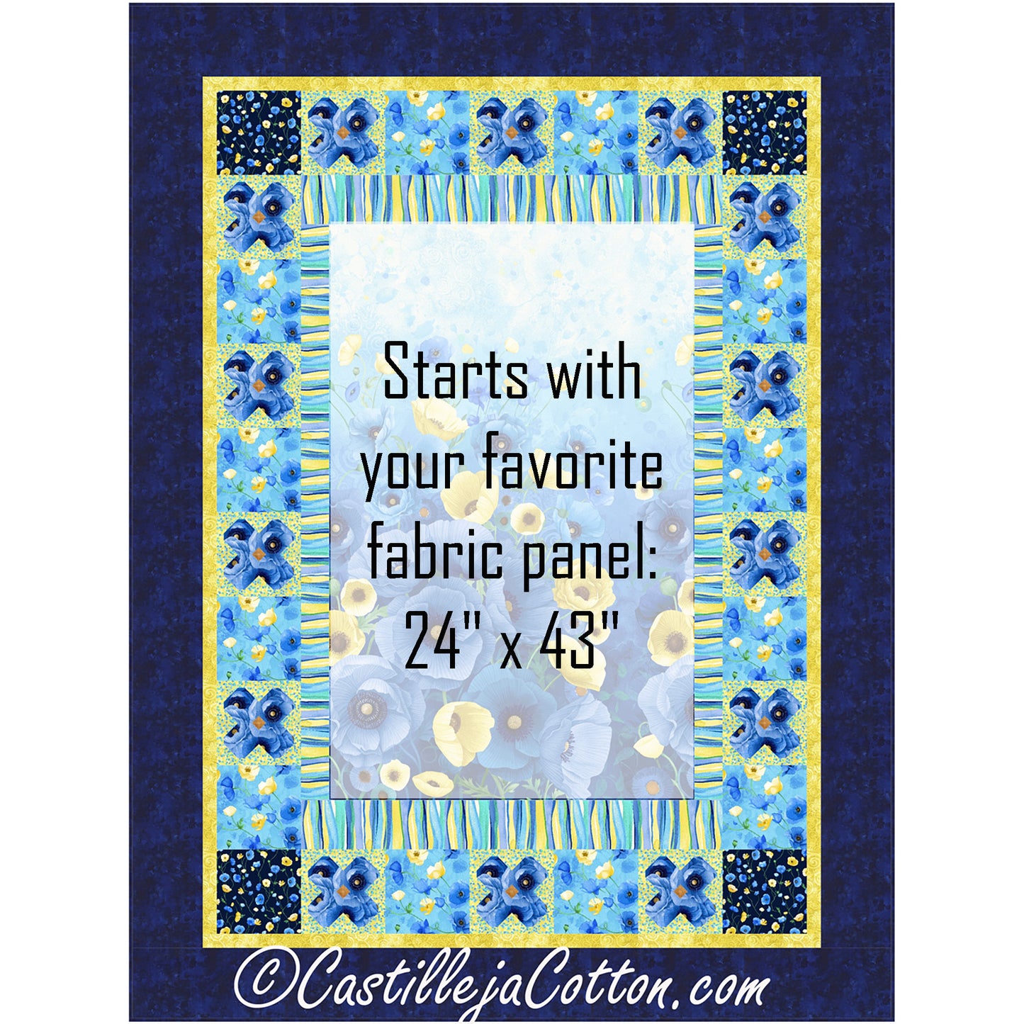 Blue Poppies quilt features a floral panel with a pieced border of flowers blocks alternate by plain blocks. Image shows where you can add your own panel to the center by making it a faded white color.
