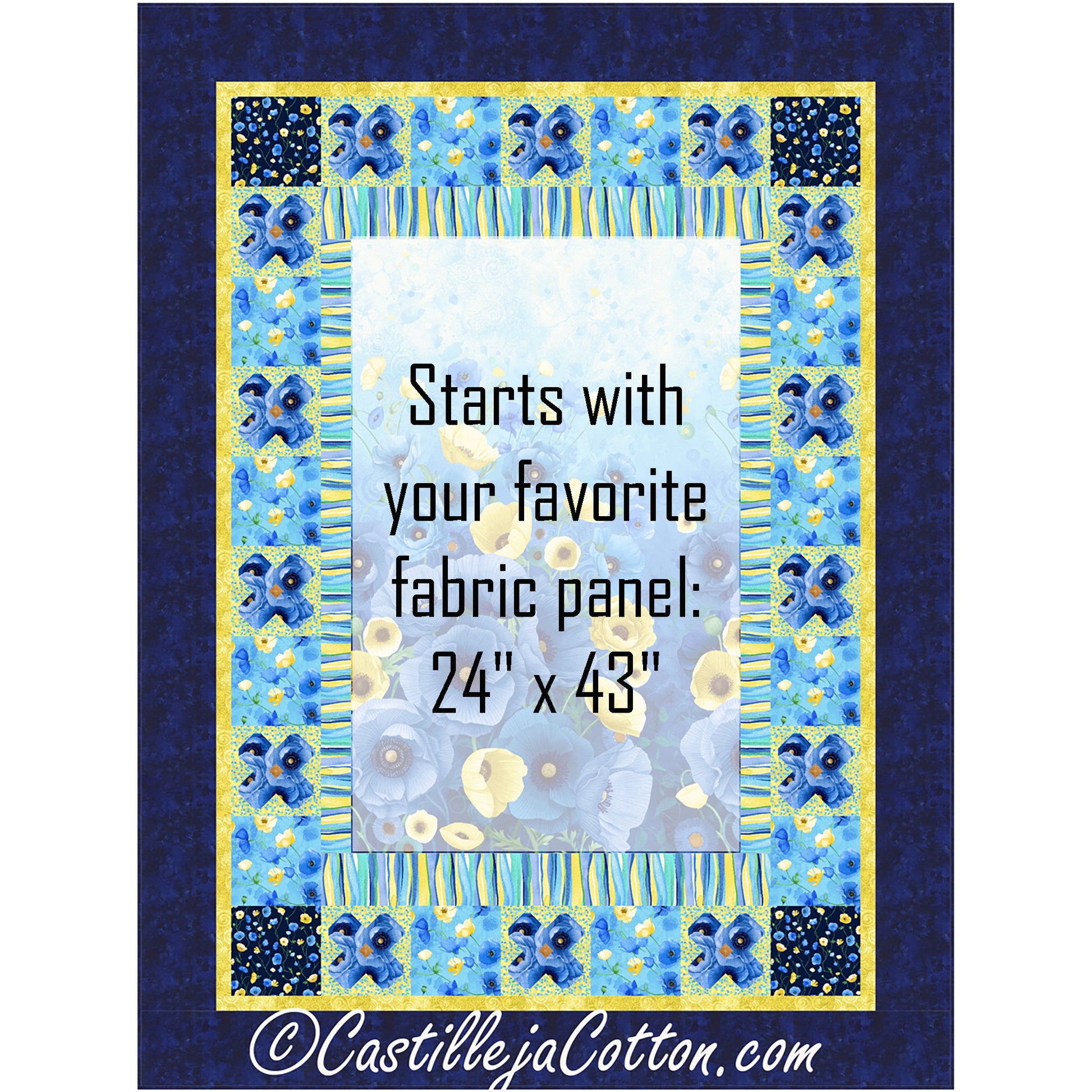 Blue Poppies quilt features a floral panel with a pieced border of flowers blocks alternate by plain blocks. Image shows where you can add your own panel to the center by making it a faded white color.