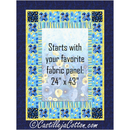 Blue Poppies quilt features a floral panel with a pieced border of flowers blocks alternate by plain blocks. Image shows where you can add your own panel to the center by making it a faded white color.
