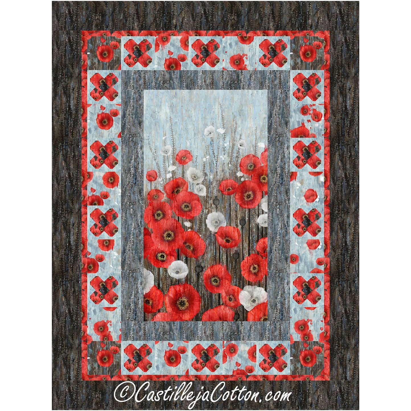 Red Poppies quilt features a floral panel with a pieced border of flowers blocks alternate by plain blocks. 