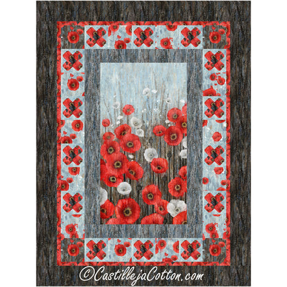 Red Poppies quilt features a floral panel with a pieced border of flowers blocks alternate by plain blocks. 