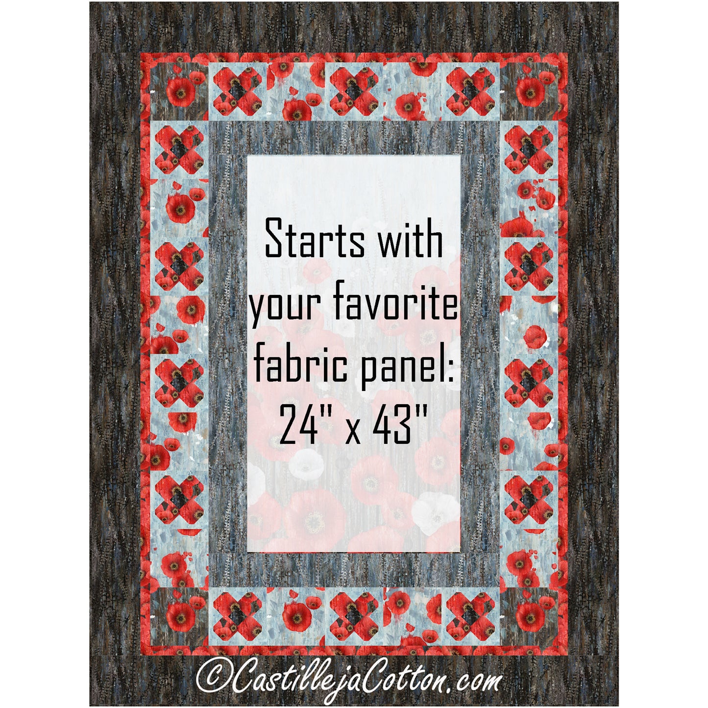 Red Poppies quilt features a floral panel with a pieced border of flowers blocks alternate by plain blocks.  Panel location has been highlighted so you know where to add your own panel size 24-inches by 43-inches.
