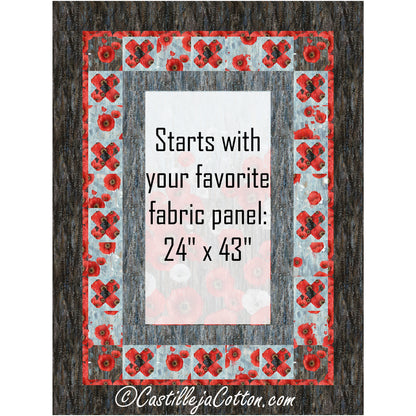 Red Poppies quilt features a floral panel with a pieced border of flowers blocks alternate by plain blocks.  Panel location has been highlighted so you know where to add your own panel size 24-inches by 43-inches.