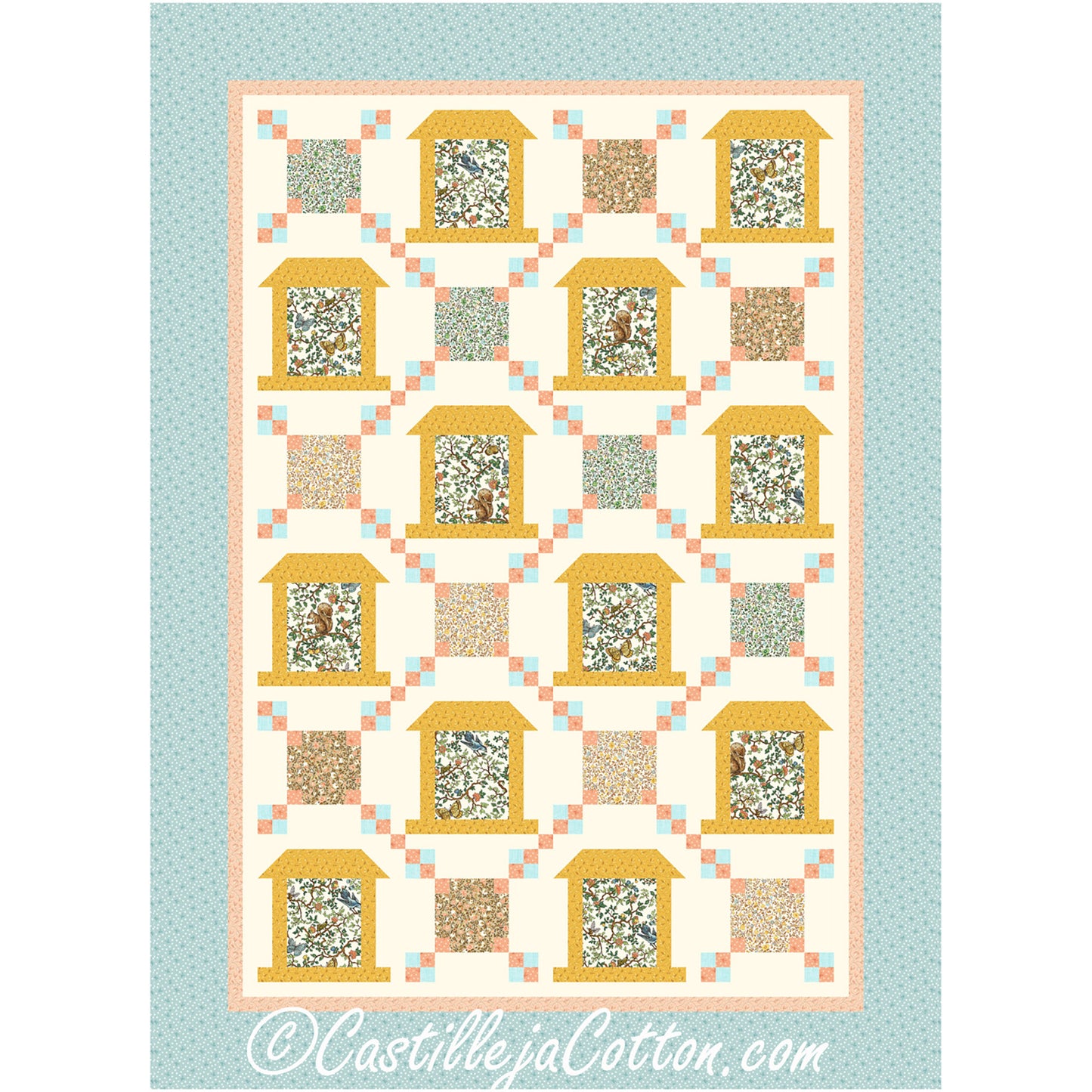 Bird Feeders and Animals quilt features bird feeder blocks alternating with block panel squares. This pattern is a fun way to showcase favorite prints.  Winter birds fabric is showcased in this quilt.