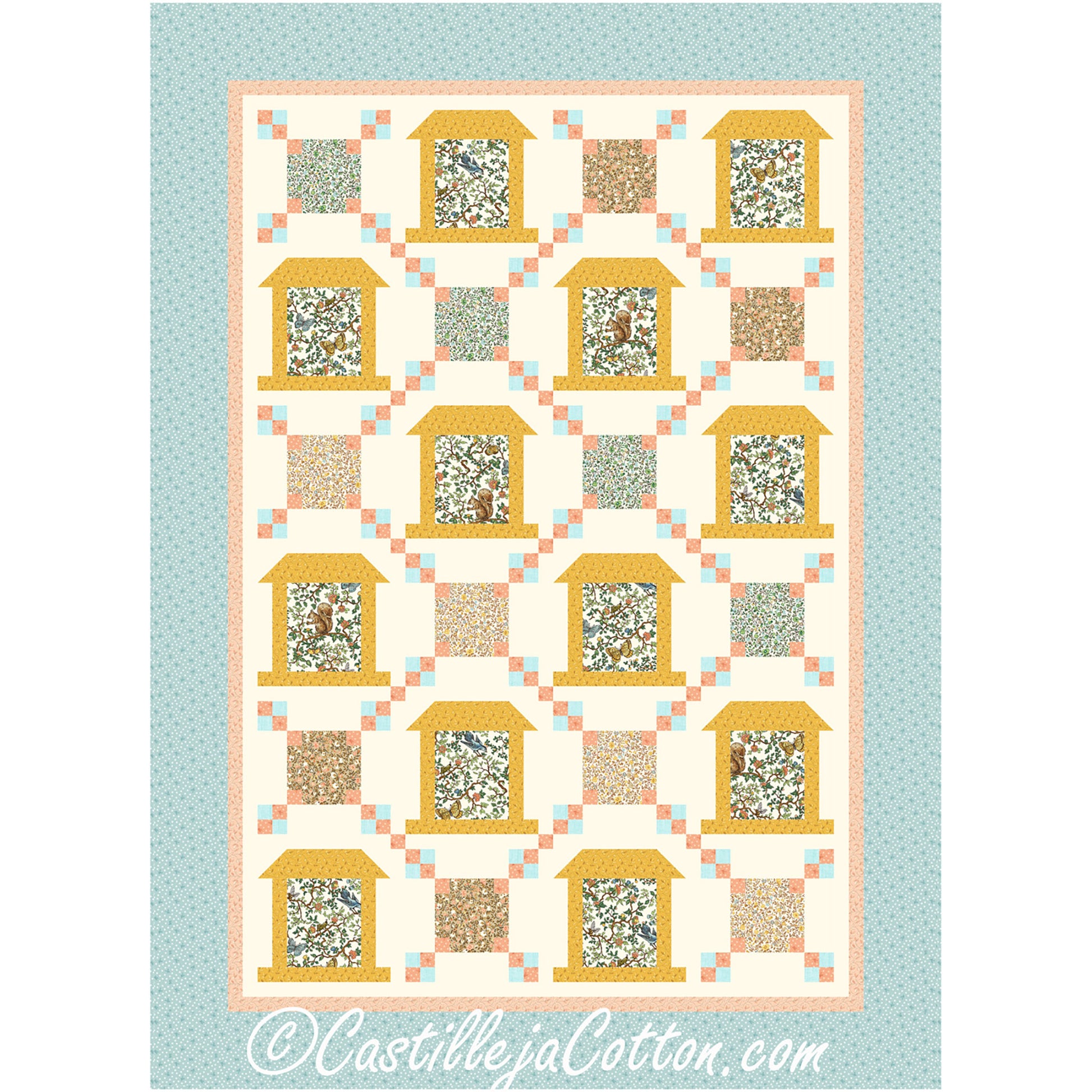 Bird Feeders and Animals quilt features bird feeder blocks alternating with block panel squares. This pattern is a fun way to showcase favorite prints.  Winter birds fabric is showcased in this quilt.