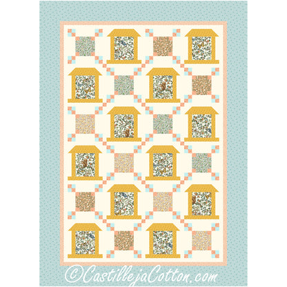 Bird Feeders and Animals quilt features bird feeder blocks alternating with block panel squares. This pattern is a fun way to showcase favorite prints.  Winter birds fabric is showcased in this quilt.