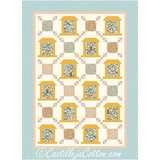 Bird Feeders and Animals quilt features bird feeder blocks alternating with block panel squares. This pattern is a fun way to showcase favorite prints.  Winter birds fabric is showcased in this quilt.