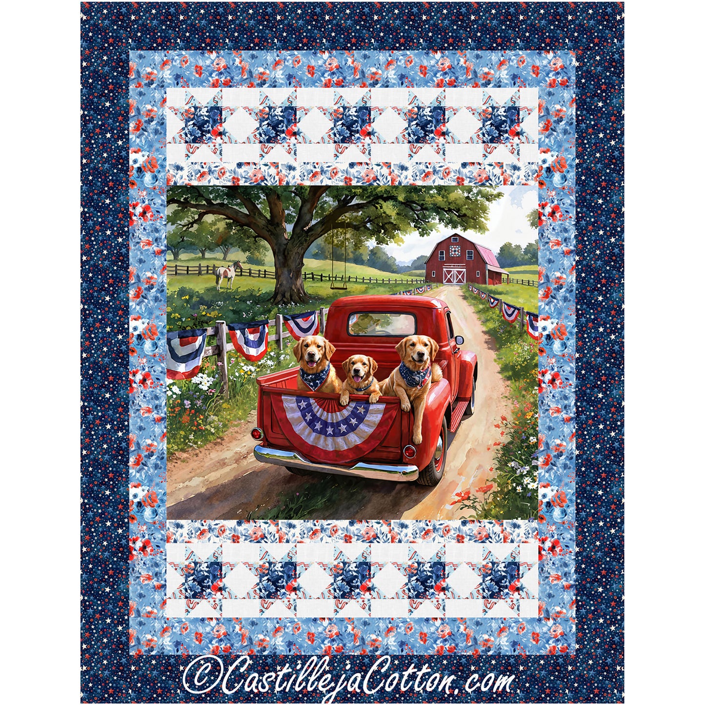 Red Truck and Dogs quilt features a red truck panel with golden retrievers and simple star borders. 