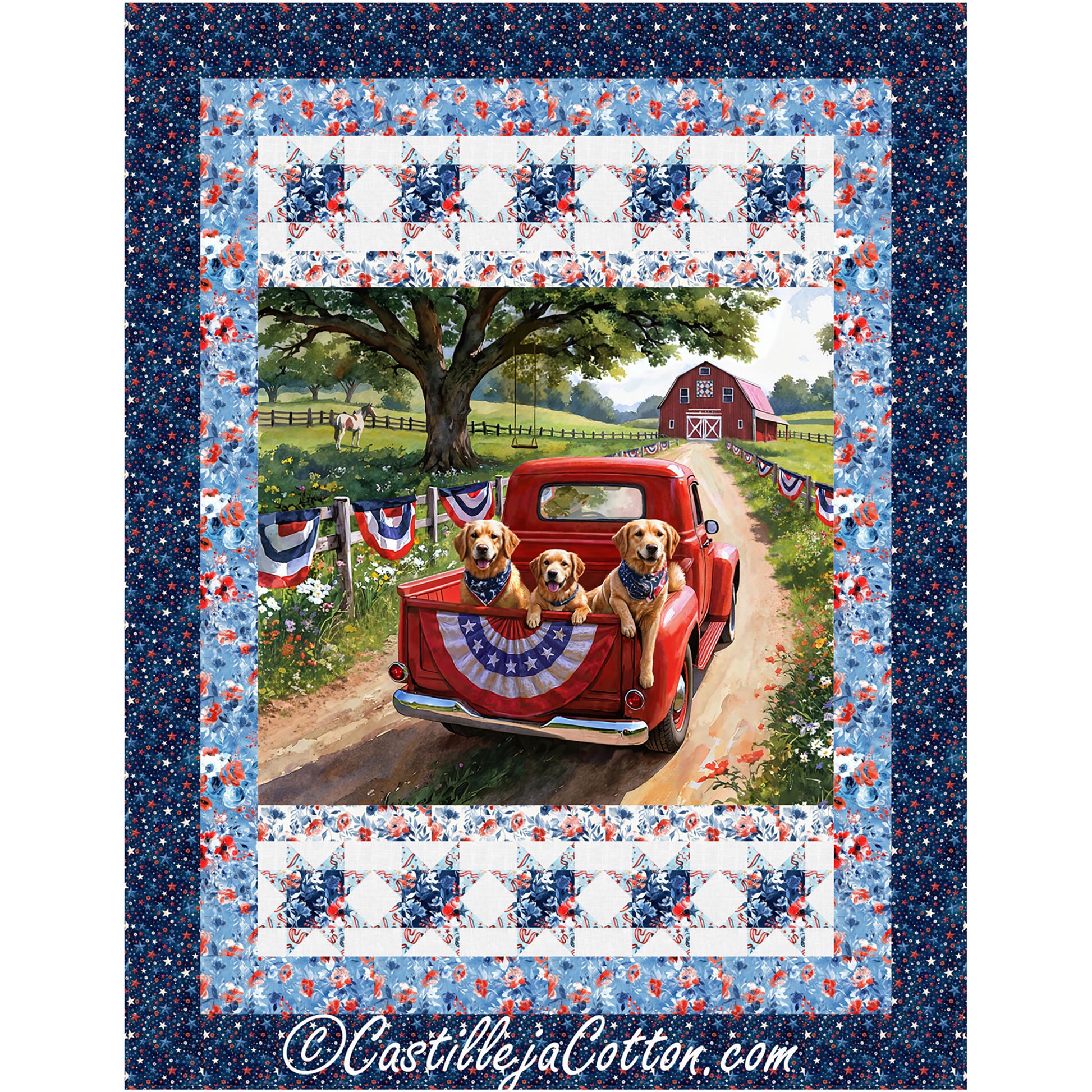 Red Truck and Dogs quilt features a red truck panel with golden retrievers and simple star borders. 