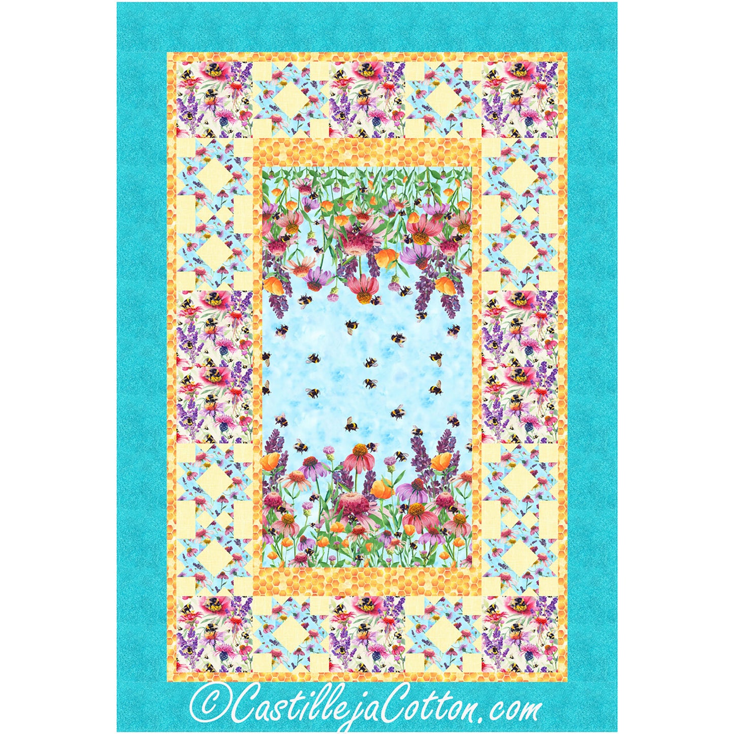 Bees and Flowers quilt features a Bees and flower panel with pieced border.