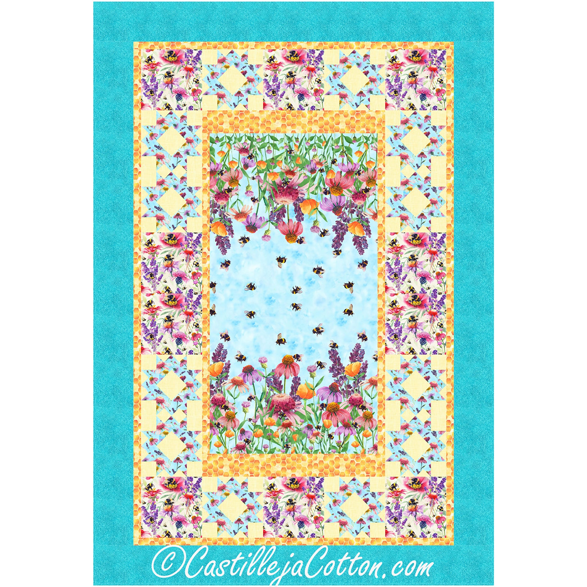 Bees and Flowers quilt features a Bees and flower panel with pieced border.