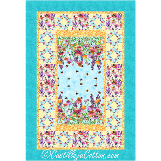 Bees and Flowers quilt features a Bees and flower panel with pieced border.