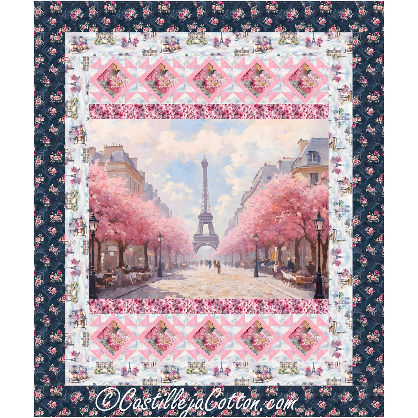 Beautiful Paris in the spring quilt with the Eiffel tower at the end of a street of pink flowering trees.
