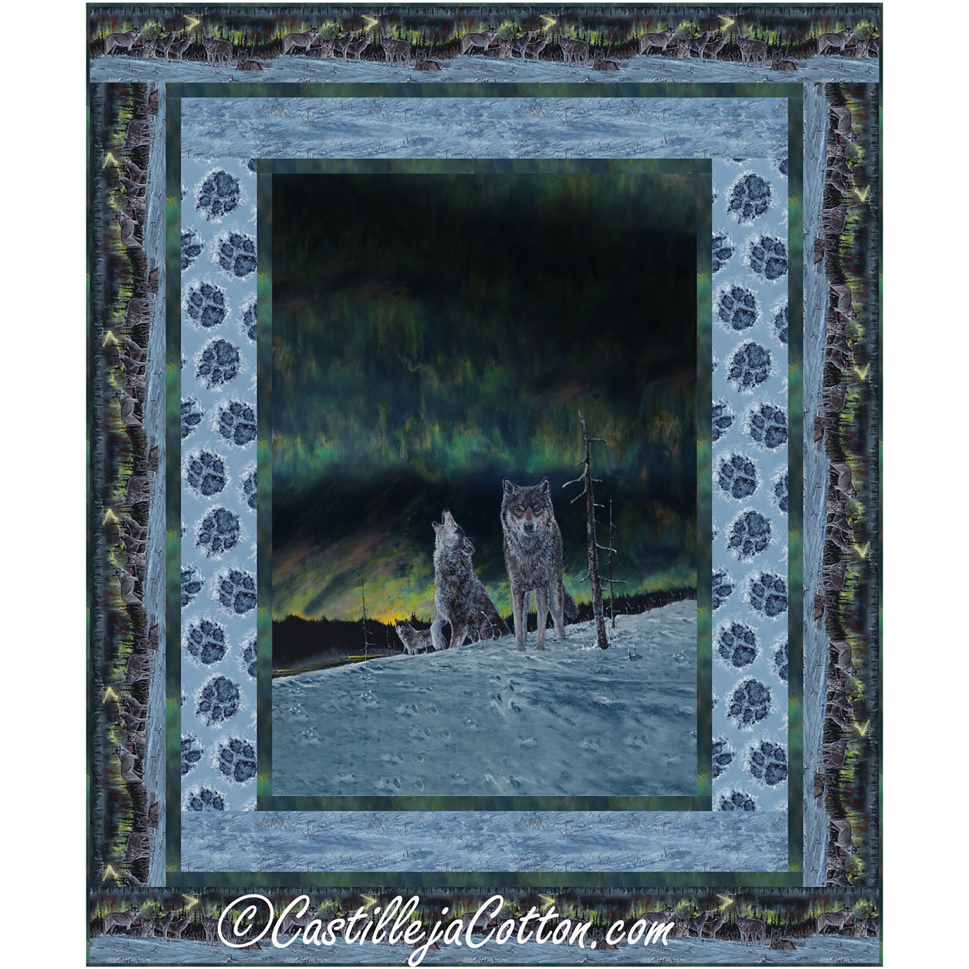 Midnight Wolves quilt features a wolf panel with paw prints.