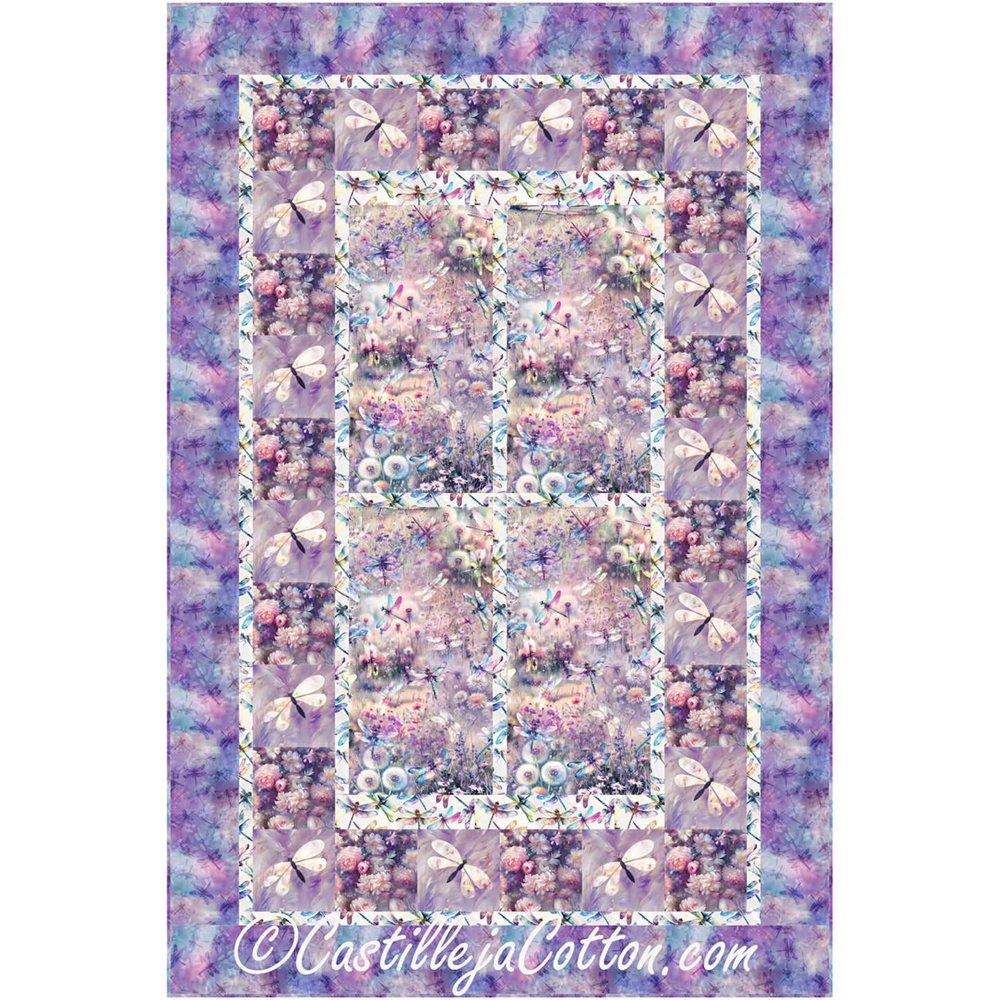 Dragonflies and Wildflowers quilt features a floral center with fusible appliqued dragonflies with alternating plain blocks pieced borders.