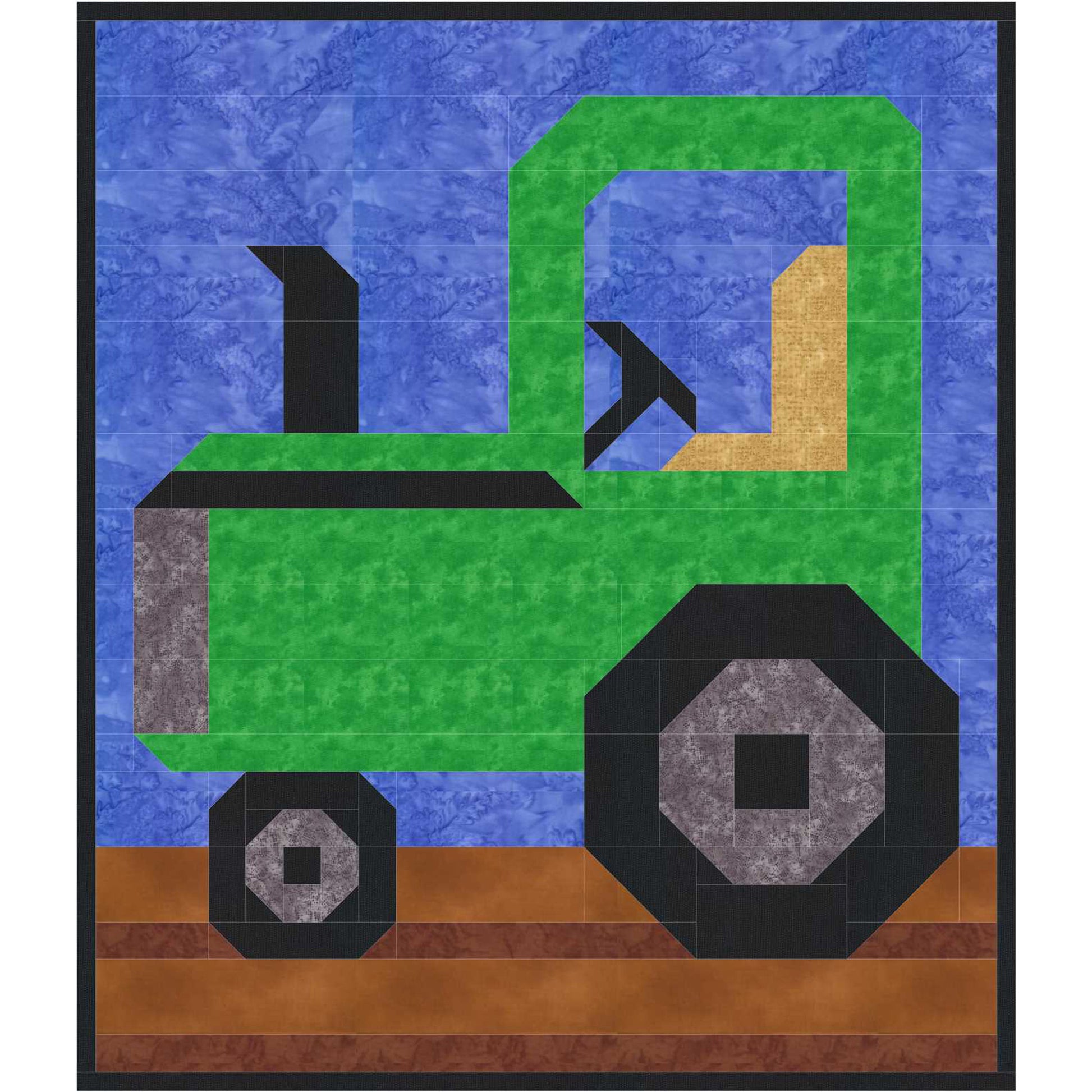 Quilt with a green tractor design on a blue background