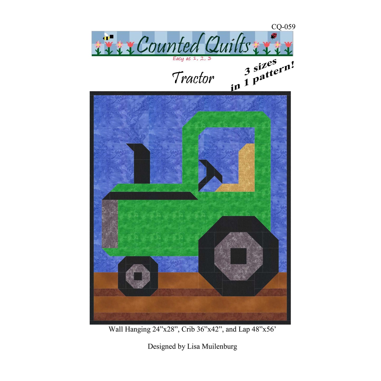 Quilt pattern for a green tractor on a blue background with 'Counted Quilts' branding.