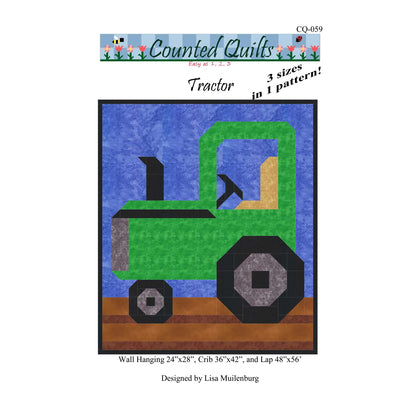 Quilt pattern for a green tractor on a blue background with 'Counted Quilts' branding.