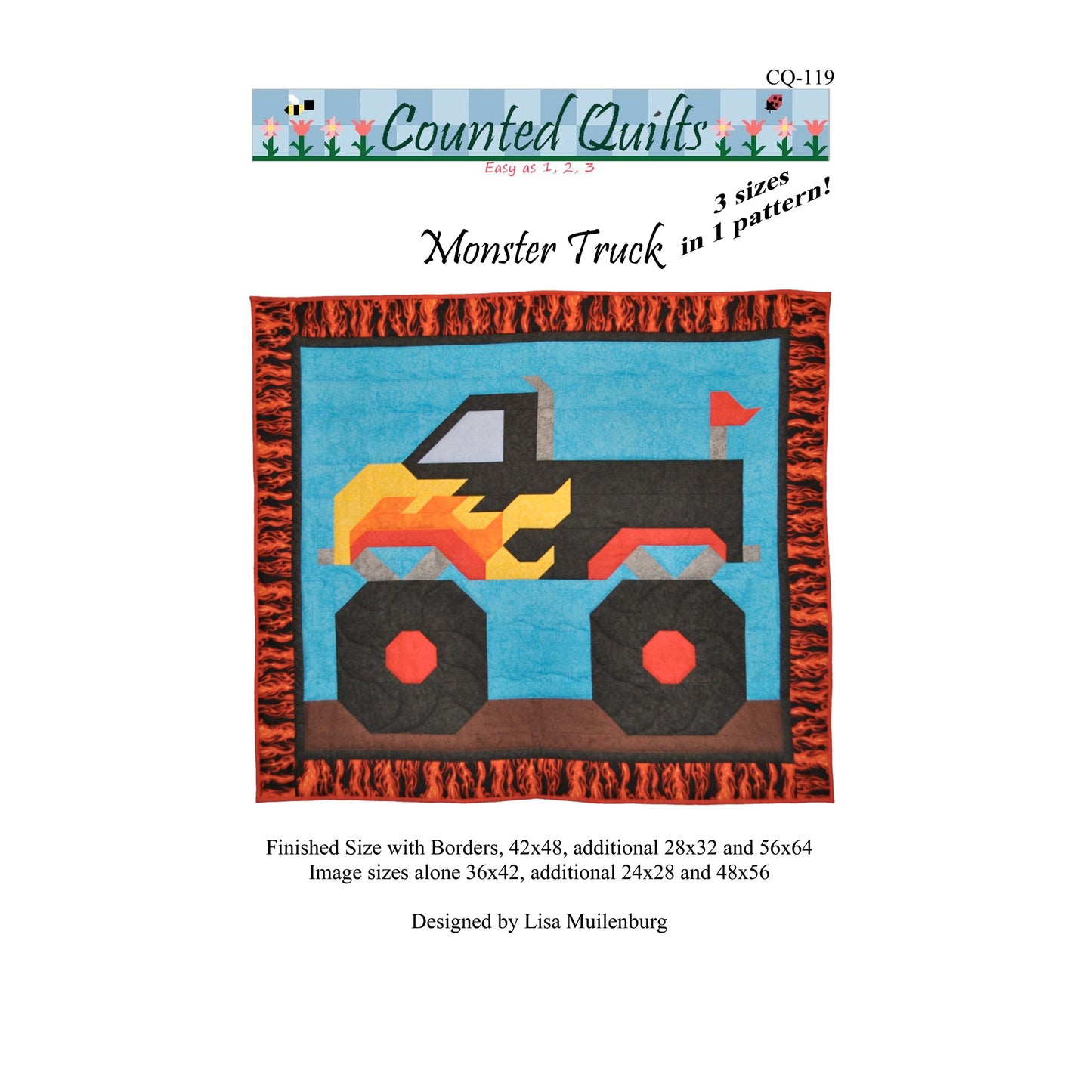 Quilt pattern for a monster truck with branding and design information.