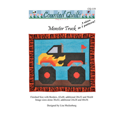 Quilt pattern for a monster truck with branding and design information.